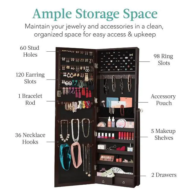 Alt view image 2 of 7 - Freestanding Jewelry Armoire Cabinet, Full Length Standing Mirror, Lockable Makeup Storage Organizer, w/Velvet Lining, 3 Angles, Lock, Accessory Pouch, 5 Shelves - Espresso
