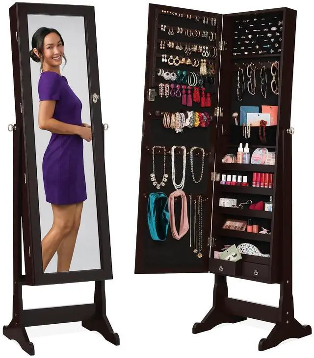Main image of Freestanding Jewelry Armoire Cabinet, Full Length Standing Mirror, Lockable Makeup Storage Organizer, w/Velvet Lining, 3 Angles, Lock, Accessory Pouch, 5 Shelves - Espresso