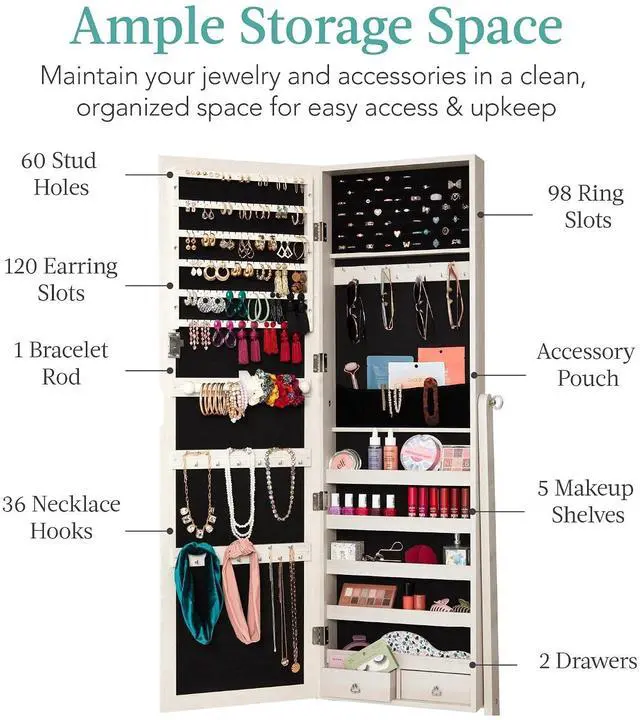 Alt view image 2 of 7 - Freestanding Jewelry Armoire Cabinet, Full Length Standing Mirror, Lockable Makeup Storage Organizer, w/Velvet Lining, 3 Angles, Lock, Accessory Pouch, 5 Shelves - Coastal White