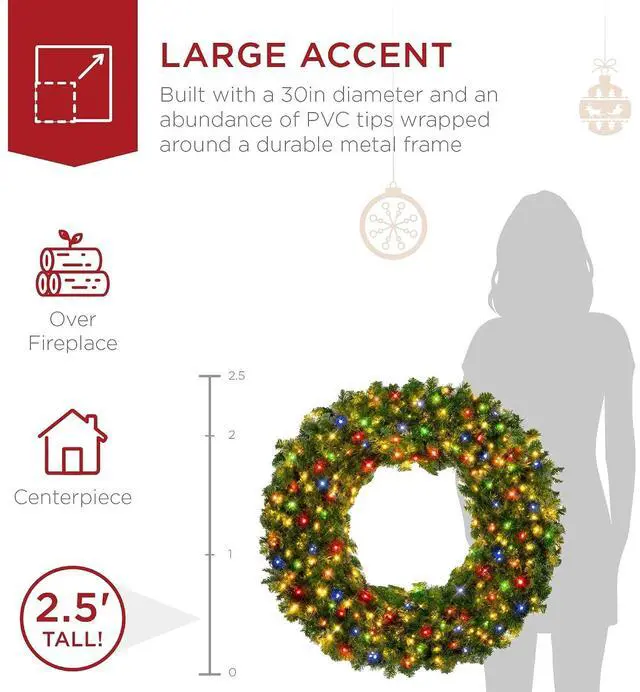 Alt view image 4 of 7 - 30in Large Artificial Pre-Lit Fir Christmas Wreath Holiday Accent Decoration w/ 100 Multicolor Lights, 220 PVC Tips