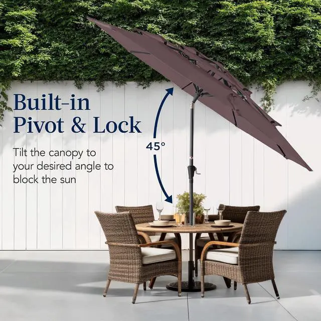 Alt view image 5 of 7 - 10ft 3-Tier Market Patio Umbrella, Outdoor Sun Shade with Tilt, Crank Lift, 8 Ribs for Backyard, Deck, Poolside Deep Taupe