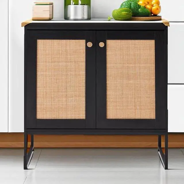 Alt view image 5 of 7 - 2-Door Rattan Storage Cabinet, Accent Furniture, Multifunctional Cupboard for Living Room, Hallway, Kitchen, Sideboard, Buffet Table w/Non-Scratch Foot Pads - Black