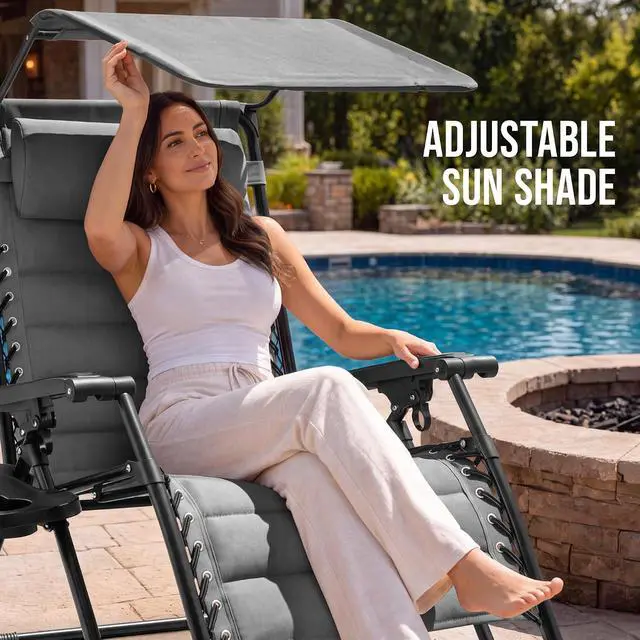 Alt view image 4 of 7 - Oversized Padded Zero Gravity Chair w/Canopy Headrest Cup Holder Side Tray, Folding Outdoor Patio Recliner Lounger - Ice Gray