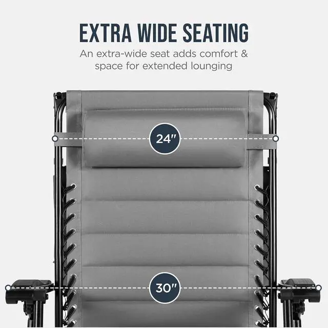 Alt view image 5 of 7 - Oversized Padded Zero Gravity Chair w/Canopy Headrest Cup Holder Side Tray, Folding Outdoor Patio Recliner Lounger - Ice Gray