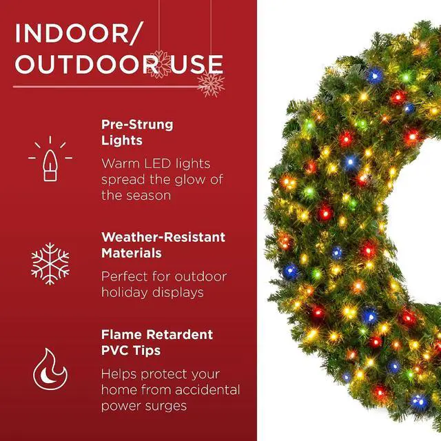 Alt view image 5 of 7 - 60in Large Artificial Pre-Lit Fir Christmas Wreath Holiday Accent Decoration w/ 375 Multicolor Lights, 930 PVC Tips