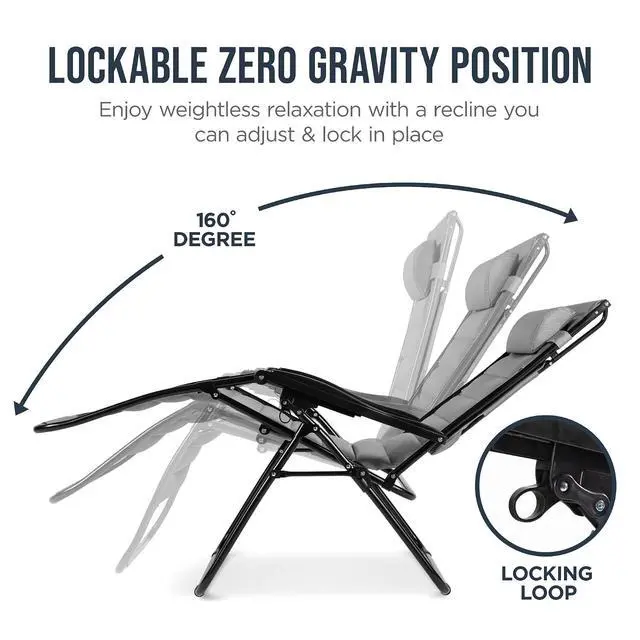 Alt view image 7 of 7 - Oversized Padded Zero Gravity Chair w/Canopy Headrest Cup Holder Side Tray, Folding Outdoor Patio Recliner Lounger - Ice Gray
