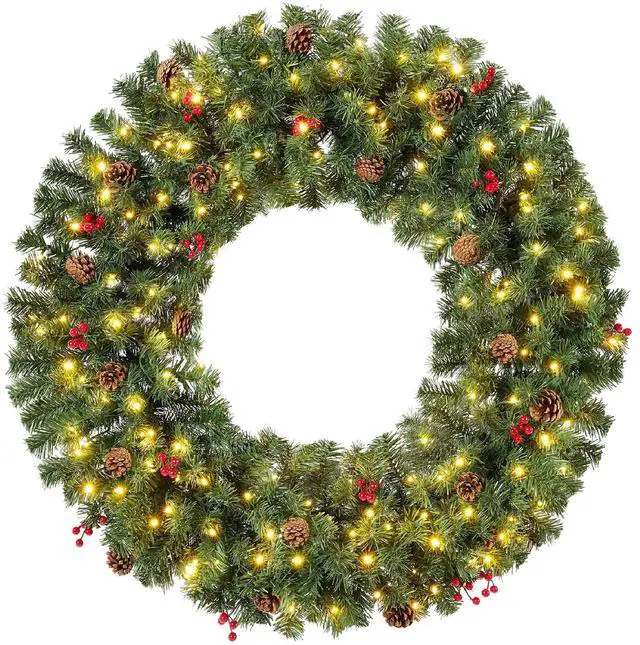 Main image of 48in Pre-Lit Christmas Wreath w/Berries & Pinecones, Large Artificial Indoor/Outdoor Decor for Door, Mantel, Plug-in