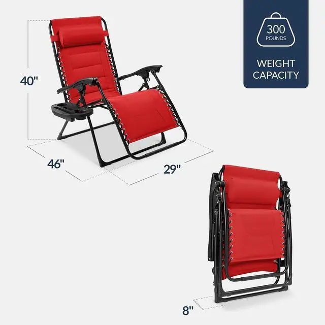 Alt view image 2 of 7 - Oversized Padded Zero Gravity Chair, Folding Outdoor Patio Recliner, XL Anti Gravity Lounger for Backyard w/Headrest, Cup Holder, Side Tray, Polyester Mesh - Crimson Red