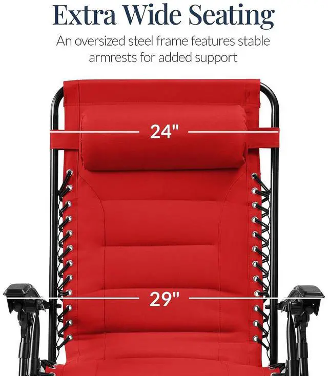 Alt view image 3 of 7 - Oversized Padded Zero Gravity Chair, Folding Outdoor Patio Recliner, XL Anti Gravity Lounger for Backyard w/Headrest, Cup Holder, Side Tray, Polyester Mesh - Crimson Red
