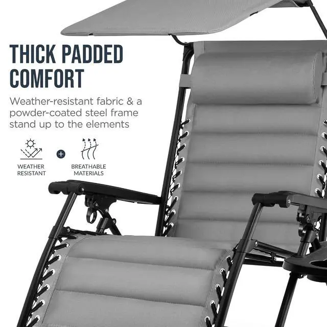 Alt view image 6 of 7 - Oversized Padded Zero Gravity Chair w/Canopy Headrest Cup Holder Side Tray, Folding Outdoor Patio Recliner Lounger - Ice Gray
