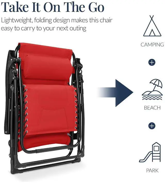 Alt view image 5 of 7 - Oversized Padded Zero Gravity Chair, Folding Outdoor Patio Recliner, XL Anti Gravity Lounger for Backyard w/Headrest, Cup Holder, Side Tray, Polyester Mesh - Crimson Red