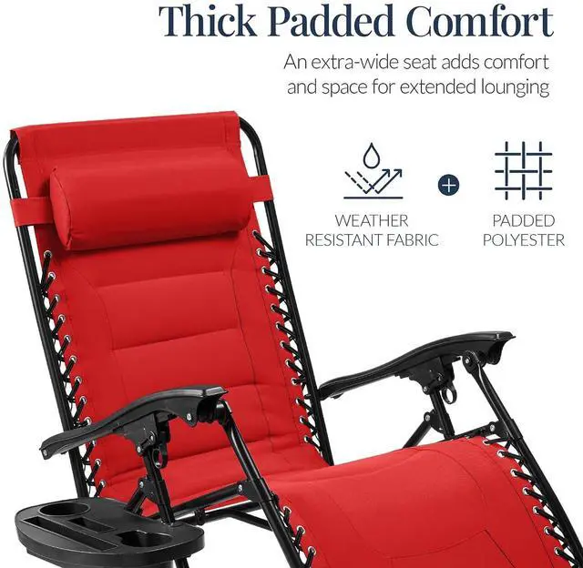Alt view image 4 of 7 - Oversized Padded Zero Gravity Chair, Folding Outdoor Patio Recliner, XL Anti Gravity Lounger for Backyard w/Headrest, Cup Holder, Side Tray, Polyester Mesh - Crimson Red