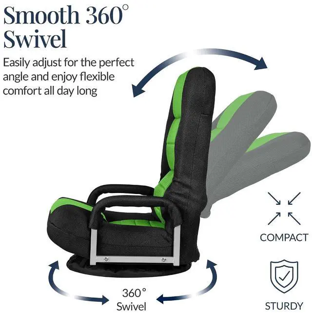 Alt view image 6 of 7 - Swivel Gaming Chair 360 Degree Multipurpose Floor Chair Rocker for TV, Reading, Playing Video Games w/Lumbar Support, Armrest Handles, Adjustable Foldable Backrest - Black/Green