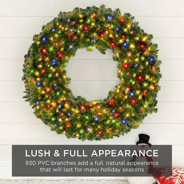Alt view image 7 of 7 - 60in Large Artificial Pre-Lit Fir Christmas Wreath Holiday Accent Decoration w/ 375 Multicolor Lights, 930 PVC Tips