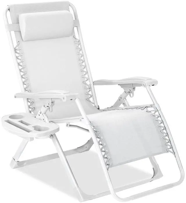 Main image of Adjustable Zero Gravity Chair, Monochromatic Color Folding Patio Recliner w/Side Tray, Headrest - Snow