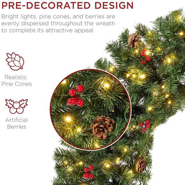 Alt view image 2 of 7 - 60in Pre-Lit Christmas Wreath w/Berries & Pinecones, Large Artificial Indoor/Outdoor Decor for Door, Mantel, Plug-in