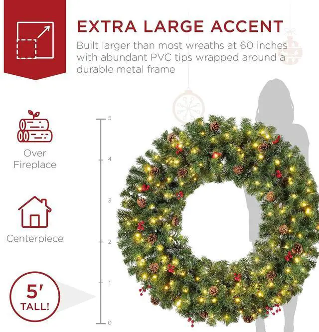 Alt view image 3 of 7 - 60in Pre-Lit Christmas Wreath w/Berries & Pinecones, Large Artificial Indoor/Outdoor Decor for Door, Mantel, Plug-in