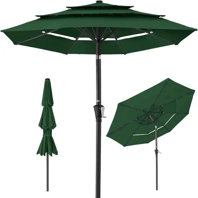 Main image of 10ft 3-Tier Market Patio Umbrella, Outdoor Sun Shade with Tilt, Crank Lift, 8 Ribs for Backyard, Deck, Poolside Green
