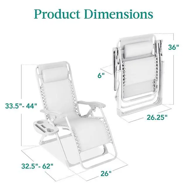 Alt view image 3 of 7 - Adjustable Zero Gravity Chair, Monochromatic Color Folding Patio Recliner w/Side Tray, Headrest - Snow