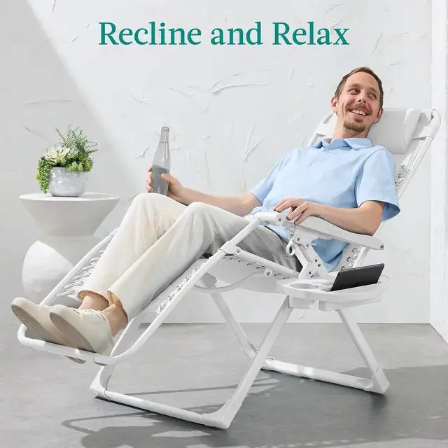 Alt view image 4 of 7 - Adjustable Zero Gravity Chair, Monochromatic Color Folding Patio Recliner w/Side Tray, Headrest - Snow