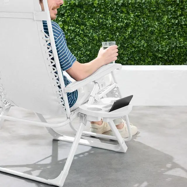Alt view image 2 of 7 - Adjustable Zero Gravity Chair, Monochromatic Color Folding Patio Recliner w/Side Tray, Headrest - Snow
