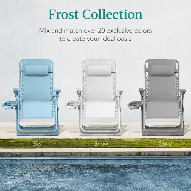 Alt view image 7 of 7 - Adjustable Zero Gravity Chair, Monochromatic Color Folding Patio Recliner w/Side Tray, Headrest - Snow