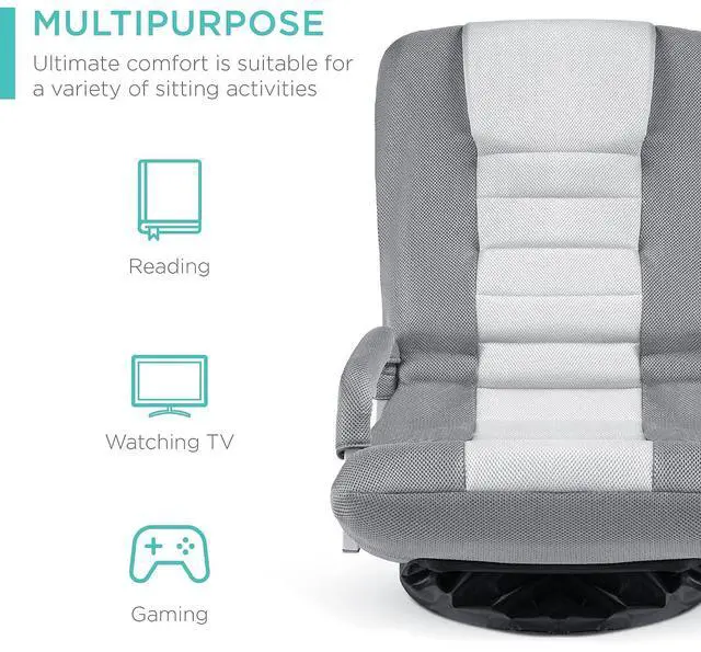 Alt view image 4 of 7 - Swivel Gaming Chair 360 Degree Multipurpose Floor Chair Rocker for TV, Reading, Playing Video Games w/Lumbar Support, Armrest Handles, Adjustable Foldable Backrest - Gray/White