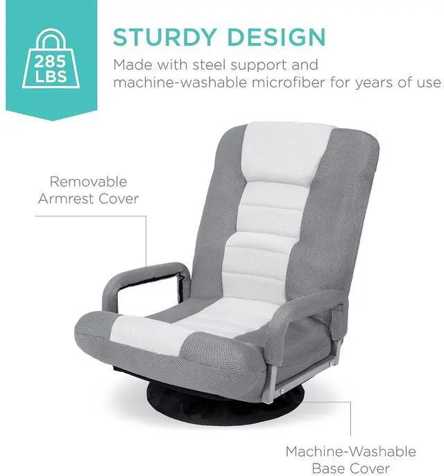 Alt view image 6 of 7 - Swivel Gaming Chair 360 Degree Multipurpose Floor Chair Rocker for TV, Reading, Playing Video Games w/Lumbar Support, Armrest Handles, Adjustable Foldable Backrest - Gray/White