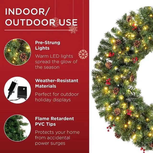 Alt view image 4 of 7 - 48in Pre-Lit Christmas Wreath w/Berries & Pinecones, Large Artificial Indoor/Outdoor Decor for Door, Mantel, Plug-in