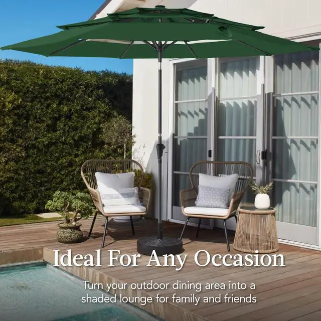 Alt view image 4 of 7 - 10ft 3-Tier Market Patio Umbrella, Outdoor Sun Shade with Tilt, Crank Lift, 8 Ribs for Backyard, Deck, Poolside Green