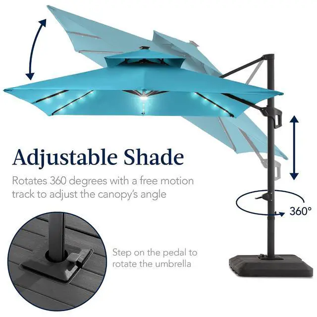 Alt view image 5 of 7 - 9x12ft LED Cantilever Patio Umbrella w/Base Included & 360° Rotation, Large Solar Offset Hanging Outdoor Sun Shade for Deck, Backyard Table w/Stand & Lights Sky Blue