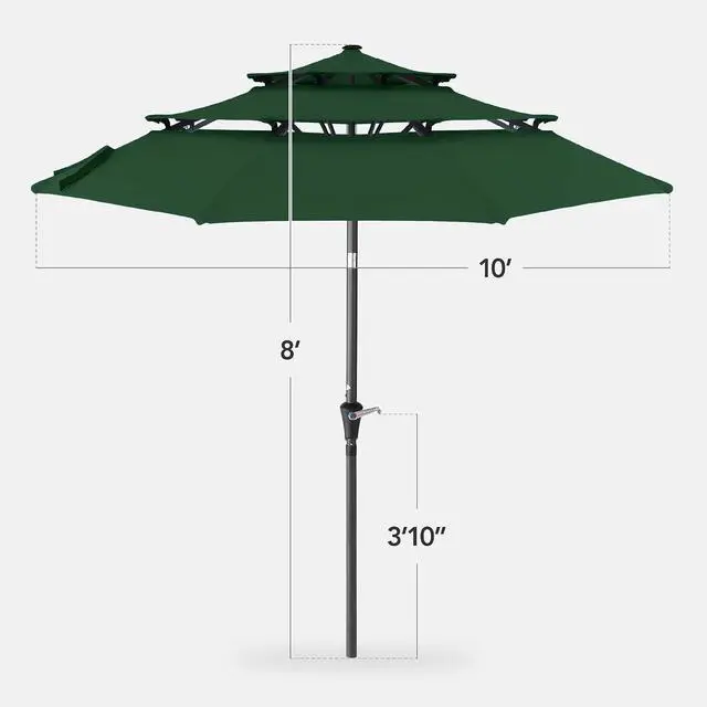 Alt view image 2 of 7 - 10ft 3-Tier Market Patio Umbrella, Outdoor Sun Shade with Tilt, Crank Lift, 8 Ribs for Backyard, Deck, Poolside Green