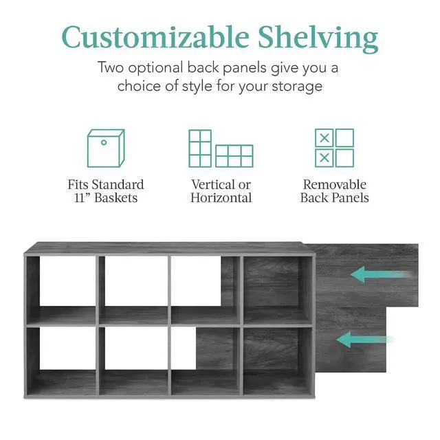 Alt view image 3 of 7 - Best Choice Products 8-Cube Storage Organizer, 11in Shelf Opening, Bookcase, Display Shelf, Customizable w/ 3 Removable Back Panels Dark Gray