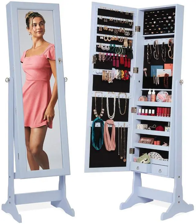 Main image of Freestanding Jewelry Armoire Cabinet, Full Length Standing Mirror, Lockable Makeup Storage Organizer, w/Velvet Lining, 3 Angles, Lock, Accessory Pouch, 5 Shelves - Powder Blue