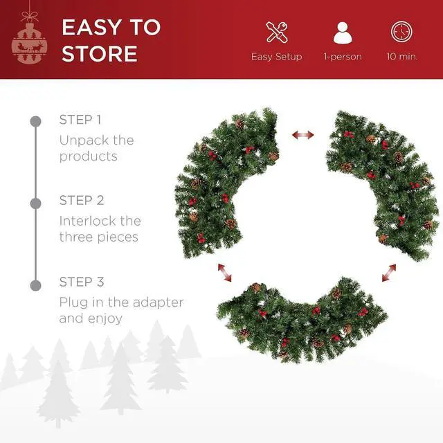 Alt view image 5 of 7 - 60in Pre-Lit Christmas Wreath w/Berries & Pinecones, Large Artificial Indoor/Outdoor Decor for Door, Mantel, Plug-in