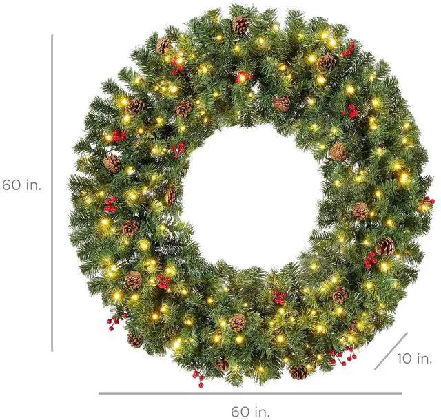 Alt view image 7 of 7 - 60in Pre-Lit Christmas Wreath w/Berries & Pinecones, Large Artificial Indoor/Outdoor Decor for Door, Mantel, Plug-in