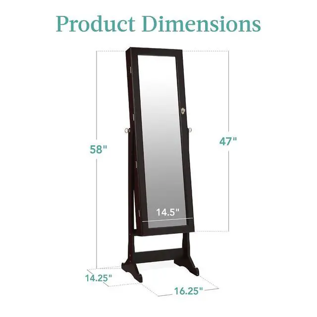 Alt view image 7 of 7 - Freestanding Jewelry Armoire Cabinet, Full Length Standing Mirror, Lockable Makeup Storage Organizer, w/Velvet Lining, 3 Angles, Lock, Accessory Pouch, 5 Shelves - Espresso