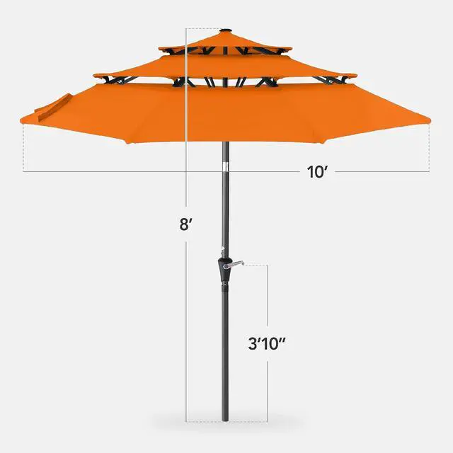 Alt view image 2 of 7 - 10ft 3-Tier Market Patio Umbrella, Outdoor Sun Shade with Tilt, Crank Lift, 8 Ribs for Backyard, Deck, Poolside Orange