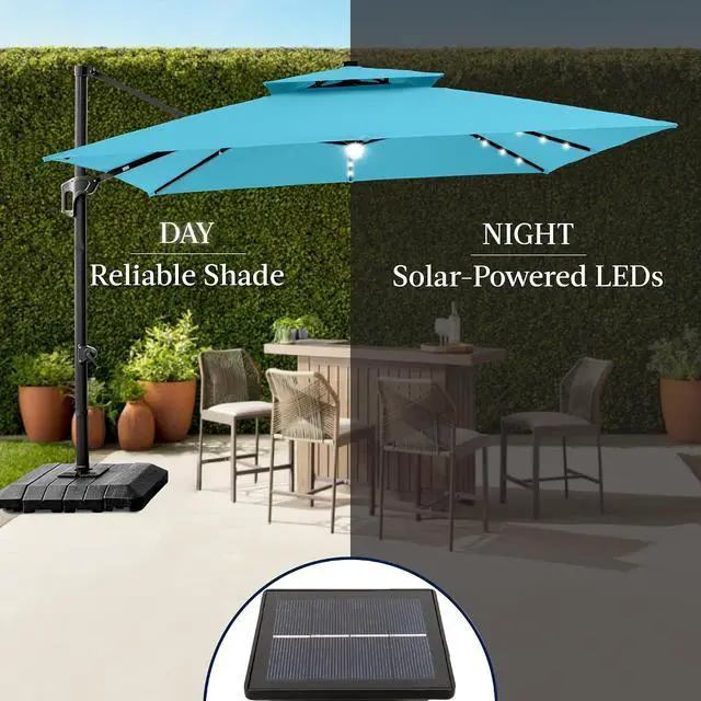 Alt view image 6 of 7 - 9x12ft LED Cantilever Patio Umbrella w/Base Included & 360° Rotation, Large Solar Offset Hanging Outdoor Sun Shade for Deck, Backyard Table w/Stand & Lights Sky Blue