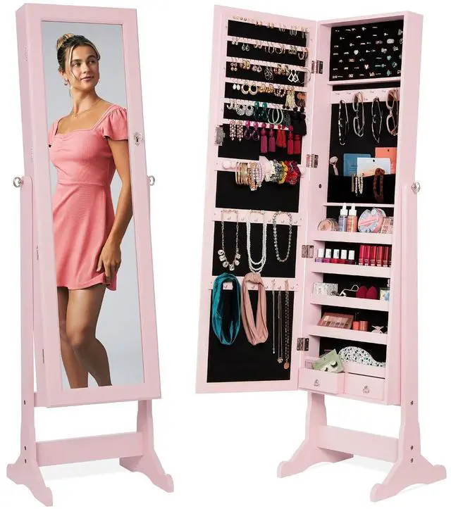 Main image of Freestanding Jewelry Armoire Cabinet, Full Length Standing Mirror, Lockable Makeup Storage Organizer, w/Velvet Lining, 3 Angles, Lock, Accessory Pouch, 5 Shelves - Dusty Pink