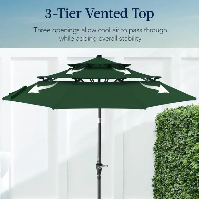 Alt view image 3 of 7 - 10ft 3-Tier Market Patio Umbrella, Outdoor Sun Shade with Tilt, Crank Lift, 8 Ribs for Backyard, Deck, Poolside Green