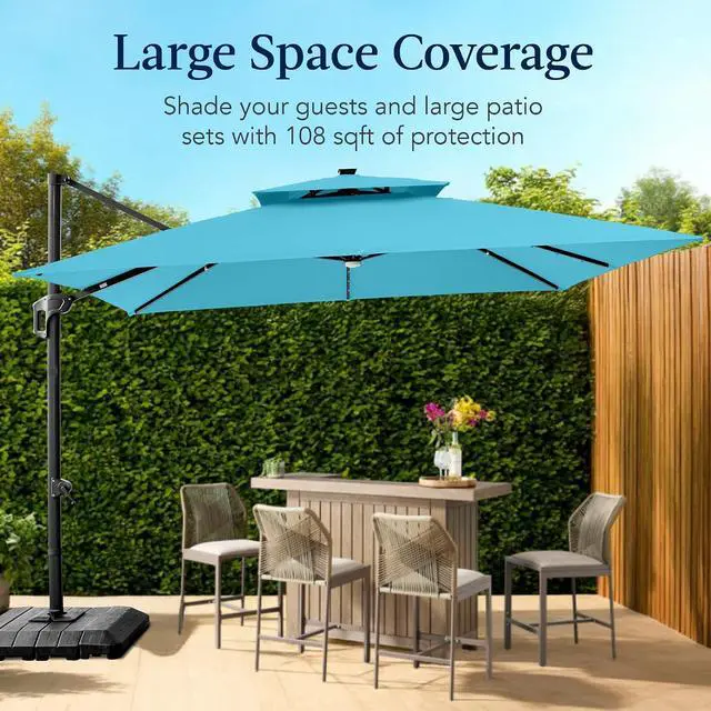 Alt view image 4 of 7 - 9x12ft LED Cantilever Patio Umbrella w/Base Included & 360° Rotation, Large Solar Offset Hanging Outdoor Sun Shade for Deck, Backyard Table w/Stand & Lights Sky Blue