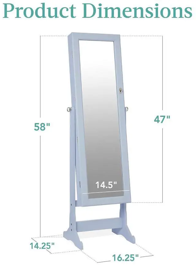 Alt view image 7 of 7 - Freestanding Jewelry Armoire Cabinet, Full Length Standing Mirror, Lockable Makeup Storage Organizer, w/Velvet Lining, 3 Angles, Lock, Accessory Pouch, 5 Shelves - Powder Blue