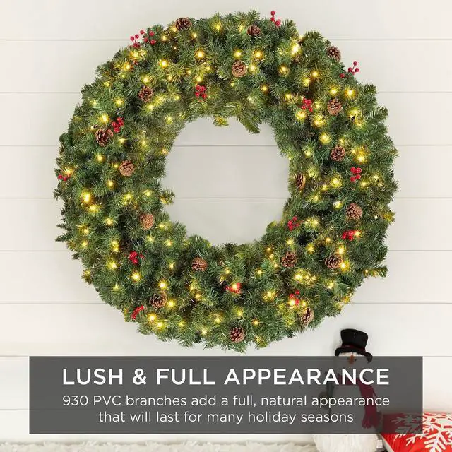 Alt view image 6 of 7 - 60in Pre-Lit Christmas Wreath w/Berries & Pinecones, Large Artificial Indoor/Outdoor Decor for Door, Mantel, Plug-in