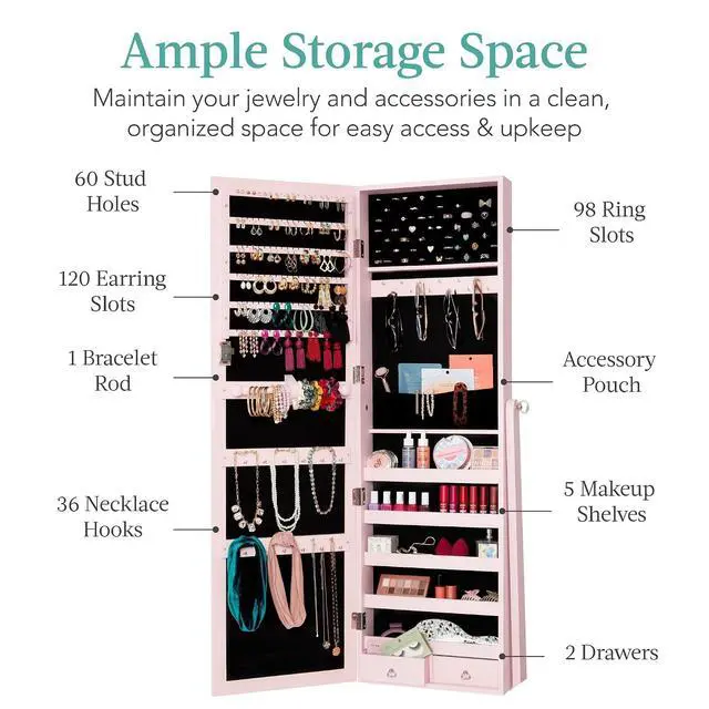 Alt view image 2 of 7 - Freestanding Jewelry Armoire Cabinet, Full Length Standing Mirror, Lockable Makeup Storage Organizer, w/Velvet Lining, 3 Angles, Lock, Accessory Pouch, 5 Shelves - Dusty Pink
