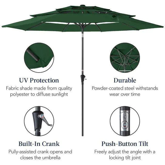 Alt view image 6 of 7 - 10ft 3-Tier Market Patio Umbrella, Outdoor Sun Shade with Tilt, Crank Lift, 8 Ribs for Backyard, Deck, Poolside Green