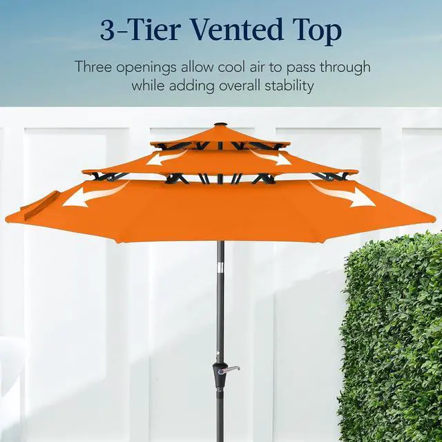 Alt view image 3 of 7 - 10ft 3-Tier Market Patio Umbrella, Outdoor Sun Shade with Tilt, Crank Lift, 8 Ribs for Backyard, Deck, Poolside Orange