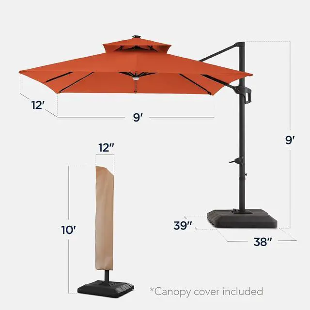 Alt view image 2 of 7 - 9x12ft LED Cantilever Patio Umbrella w/Base Included & 360° Rotation, Large Solar Offset Hanging Outdoor Sun Shade for Deck, Backyard Table w/Stand & Lights Rust