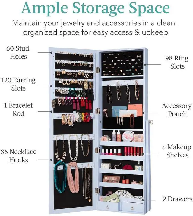 Alt view image 2 of 7 - Freestanding Jewelry Armoire Cabinet, Full Length Standing Mirror, Lockable Makeup Storage Organizer, w/Velvet Lining, 3 Angles, Lock, Accessory Pouch, 5 Shelves - Powder Blue