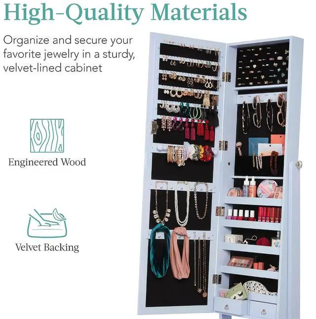 Alt view image 5 of 7 - Freestanding Jewelry Armoire Cabinet, Full Length Standing Mirror, Lockable Makeup Storage Organizer, w/Velvet Lining, 3 Angles, Lock, Accessory Pouch, 5 Shelves - Powder Blue